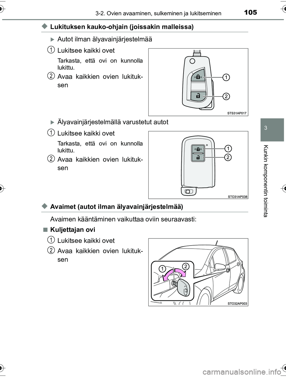 TOYOTA YARIS HYBRID 2016 Omistajan Käsikirja (in Finnish) 1053-2. Ovien avaaminen, sulkeminen ja lukitseminen
3
Kunkin komponentin toiminta
OM52G10FI
uLukituksen kauko-ohjain (joissakin malleissa)
Autot ilman älyavainjärjestelmää
Lukitsee kaikki ovet
TOYOTA YARIS HYBRID 2016 Omistajan Käsikirja (in Finnish) 1053-2. Ovien avaaminen, sulkeminen ja lukitseminen
3
Kunkin komponentin toiminta
OM52G10FI
uLukituksen kauko-ohjain (joissakin malleissa)
Autot ilman älyavainjärjestelmää
Lukitsee kaikki ovet