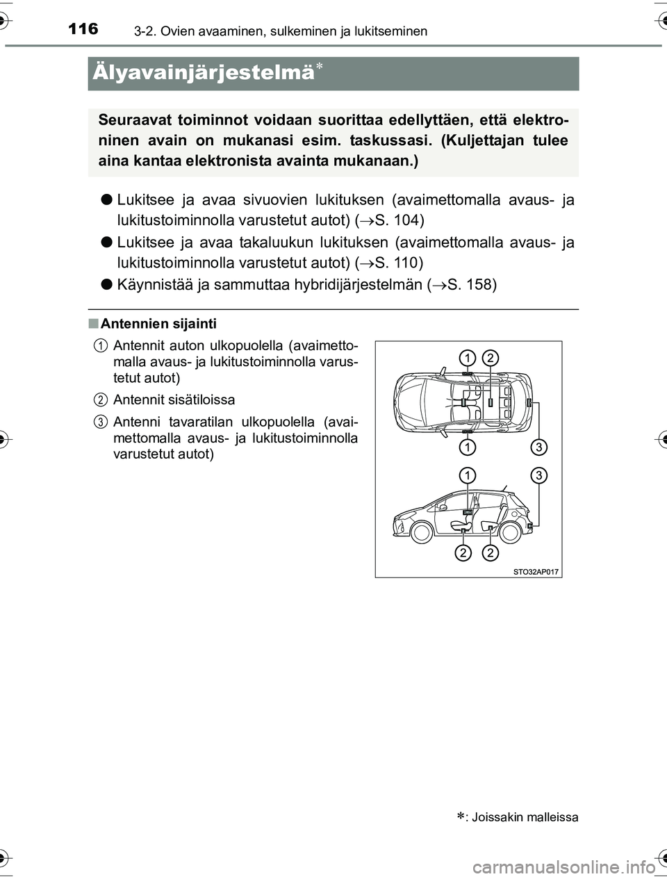 TOYOTA YARIS HYBRID 2016 Omistajan Käsikirja (in Finnish) 1163-2. Ovien avaaminen, sulkeminen ja lukitseminen
OM52G10FI
Älyavainjärjestelmä
lLukitsee ja avaa sivuovien luki tuksen (avaimettomalla avaus- ja
lukitustoiminnolla varustetut autot) ( S. 1 TOYOTA YARIS HYBRID 2016 Omistajan Käsikirja (in Finnish) 1163-2. Ovien avaaminen, sulkeminen ja lukitseminen
OM52G10FI
Älyavainjärjestelmä
lLukitsee ja avaa sivuovien luki tuksen (avaimettomalla avaus- ja
lukitustoiminnolla varustetut autot) ( S. 1