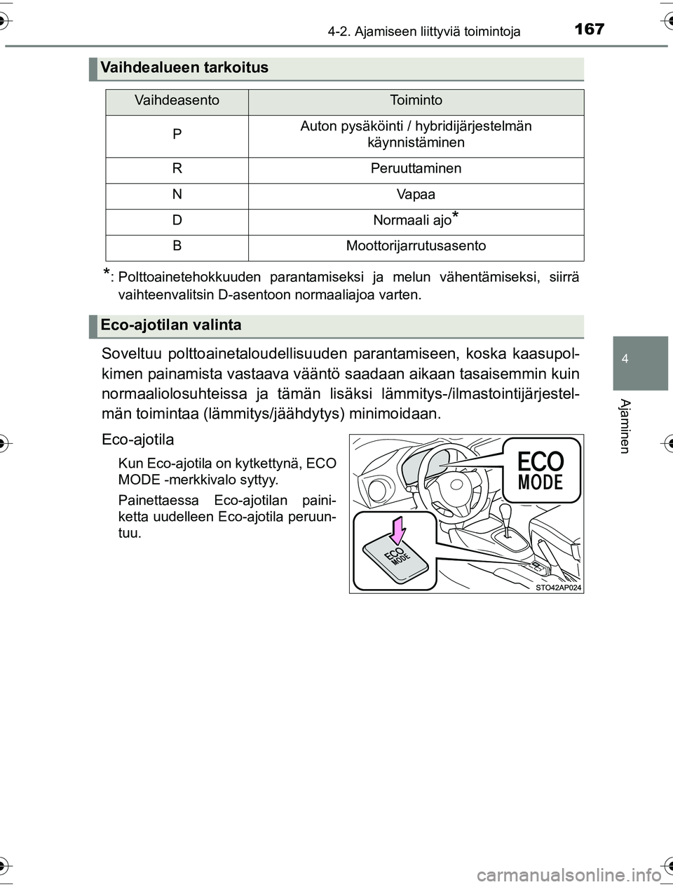 TOYOTA YARIS HYBRID 2016  Omistajan Käsikirja (in Finnish) 1674-2. Ajamiseen liittyviä toimintoja
4
Ajaminen
OM52G10FI
*: Polttoainetehokkuuden parantamiseksi ja melun vähentämiseksi, siirrävaihteenvalitsin D-asentoon normaaliajoa varten.
Soveltuu polttoa