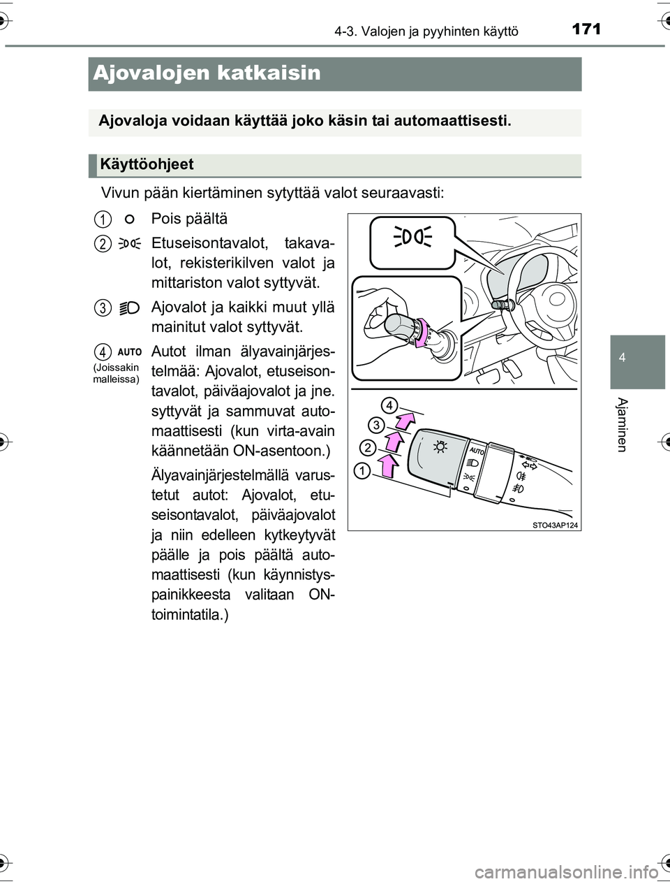 TOYOTA YARIS HYBRID 2016  Omistajan Käsikirja (in Finnish) 171
4
4-3. Valojen ja pyyhinten käyttö
Ajaminen
OM52G10FI
Ajovalojen katkaisin
Vivun pään kiertäminen sytyttää valot seuraavasti:Pois päältä
Etuseisontavalot, takava-
lot, rekisterikilven va