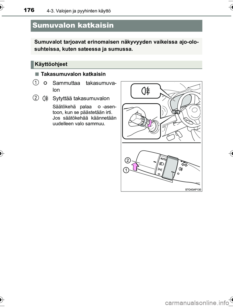 TOYOTA YARIS HYBRID 2016  Omistajan Käsikirja (in Finnish) 1764-3. Valojen ja pyyhinten käyttö
OM52G10FI
Sumuvalon katkaisin
nTakasumuvalon katkaisinSammuttaa takasumuva-
lon
Sytyttää takasumuvalon
Säätökehä palaa  -asen-
toon, kun se päästetään i