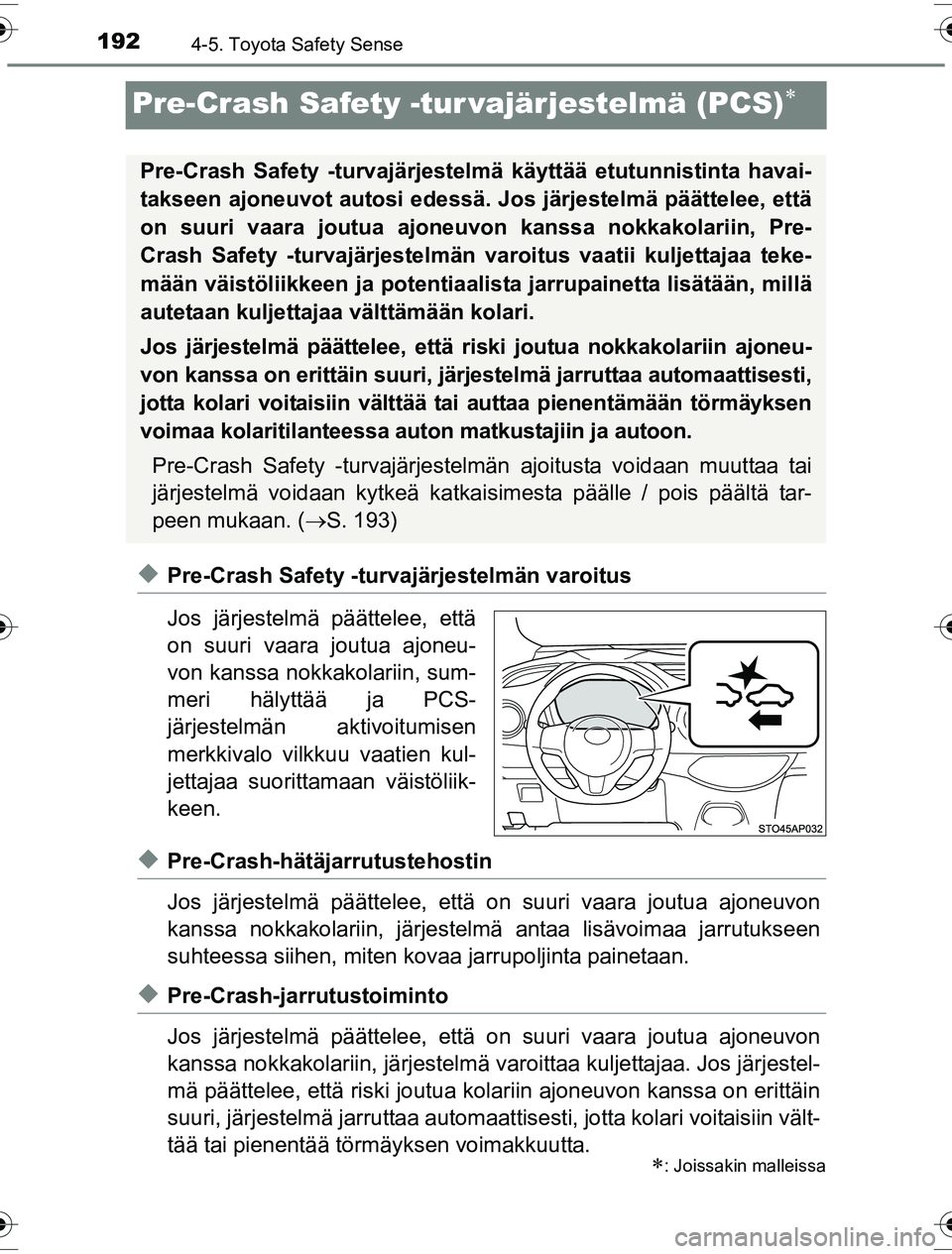 TOYOTA YARIS HYBRID 2016  Omistajan Käsikirja (in Finnish) 1924-5. Toyota Safety Sense
OM52G10FI
Pre-Crash Safety -tur vajärjestelmä (PCS)
uPre-Crash Safety -turvajärjestelmän varoitus
Jos järjestelmä päättelee, että
on suuri vaara joutua ajoneu-
