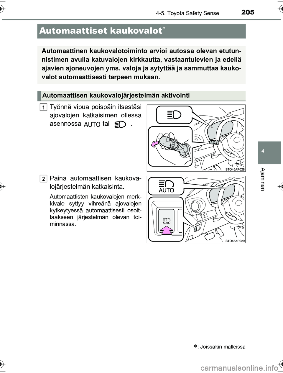 TOYOTA YARIS HYBRID 2016  Omistajan Käsikirja (in Finnish) 205
4
4-5. Toyota Safety Sense
Ajaminen
OM52G10FI
Automaattiset kaukovalot
Työnnä vipua poispäin itsestäsi
ajovalojen katkaisimen ollessa
asennossa  tai  .
Paina automaattisen kaukova-
lojärje