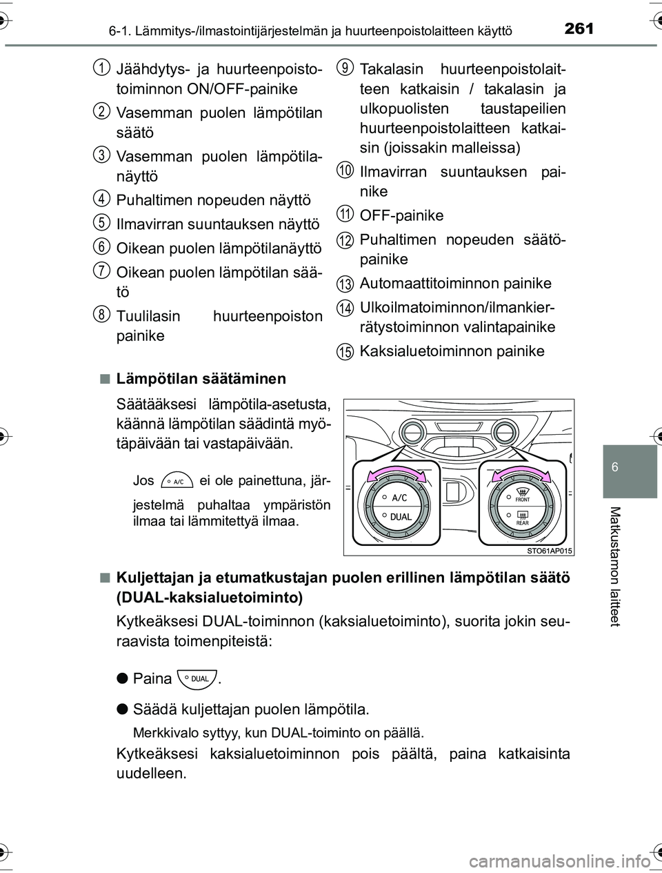TOYOTA YARIS HYBRID 2016 Omistajan Käsikirja (in Finnish) 2616-1. Lämmitys-/ilmastointijärjestelmän ja huurteenpoistolaitteen käyttö
6
Matkustamon laitteet
OM52G10FIn
Lämpötilan säätäminen
Säätääksesi lämpötila-asetusta,
käännä lämpötila TOYOTA YARIS HYBRID 2016 Omistajan Käsikirja (in Finnish) 2616-1. Lämmitys-/ilmastointijärjestelmän ja huurteenpoistolaitteen käyttö
6
Matkustamon laitteet
OM52G10FIn
Lämpötilan säätäminen
Säätääksesi lämpötila-asetusta,
käännä lämpötila