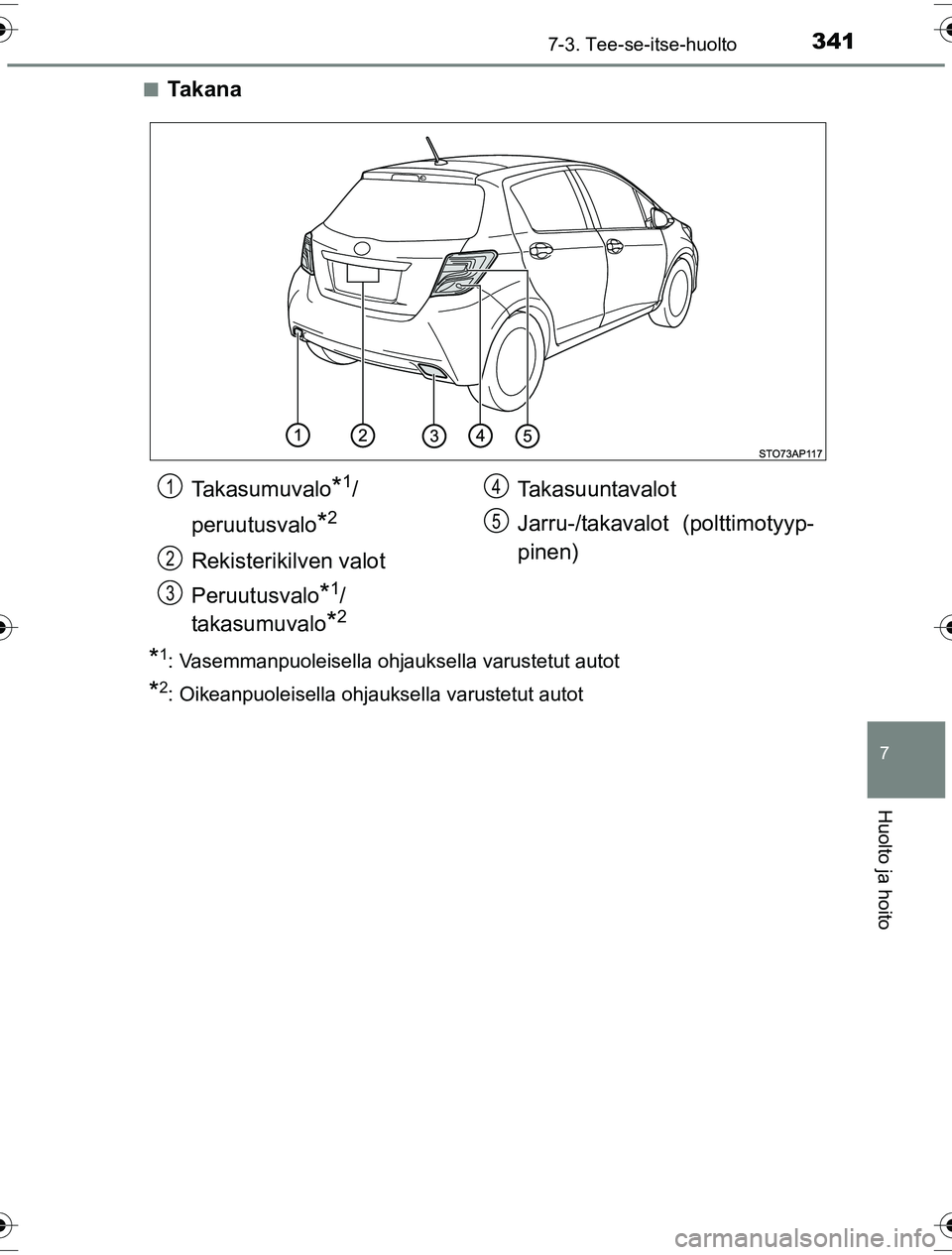 TOYOTA YARIS HYBRID 2016  Omistajan Käsikirja (in Finnish) 3417-3. Tee-se-itse-huolto
7
Huolto ja hoito
OM52G10FIn
Ta k a n a
*1: Vasemmanpuoleisella ohjauksella varustetut autot
*2: Oikeanpuoleisella ohjauksella varustetut autot
Takasumuvalo*1/
peruutusvalo
