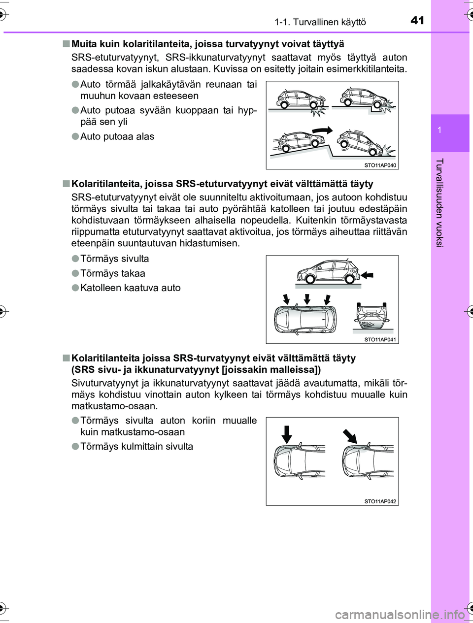 TOYOTA YARIS HYBRID 2016  Omistajan Käsikirja (in Finnish) 411-1. Turvallinen käyttö
1
Turvallisuuden vuoksi
OM52G10FIn
Muita kuin kolaritilanteita, joi ssa turvatyynyt voivat täyttyä
SRS-etuturvatyynyt, SRS-ikkunaturvatyynyt saattavat myös täyttyä aut