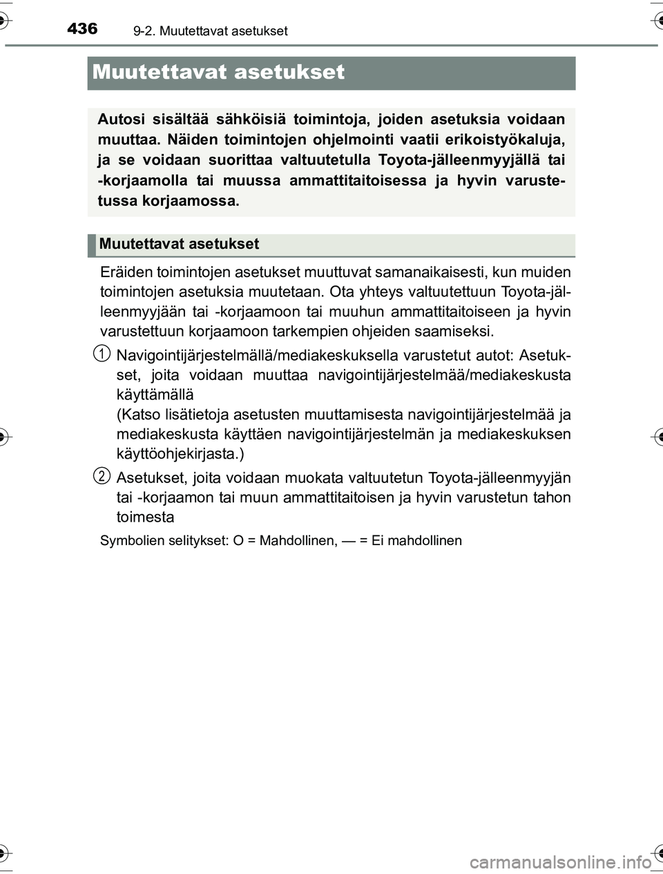 TOYOTA YARIS HYBRID 2016  Omistajan Käsikirja (in Finnish) 4369-2. Muutettavat asetukset
OM52G10FI
Muutettavat asetukset
Eräiden toimintojen asetukset muuttuvat samanaikaisesti, kun muiden
toimintojen asetuksia muutetaan. Ota yhteys valtuutettuun Toyota-jäl