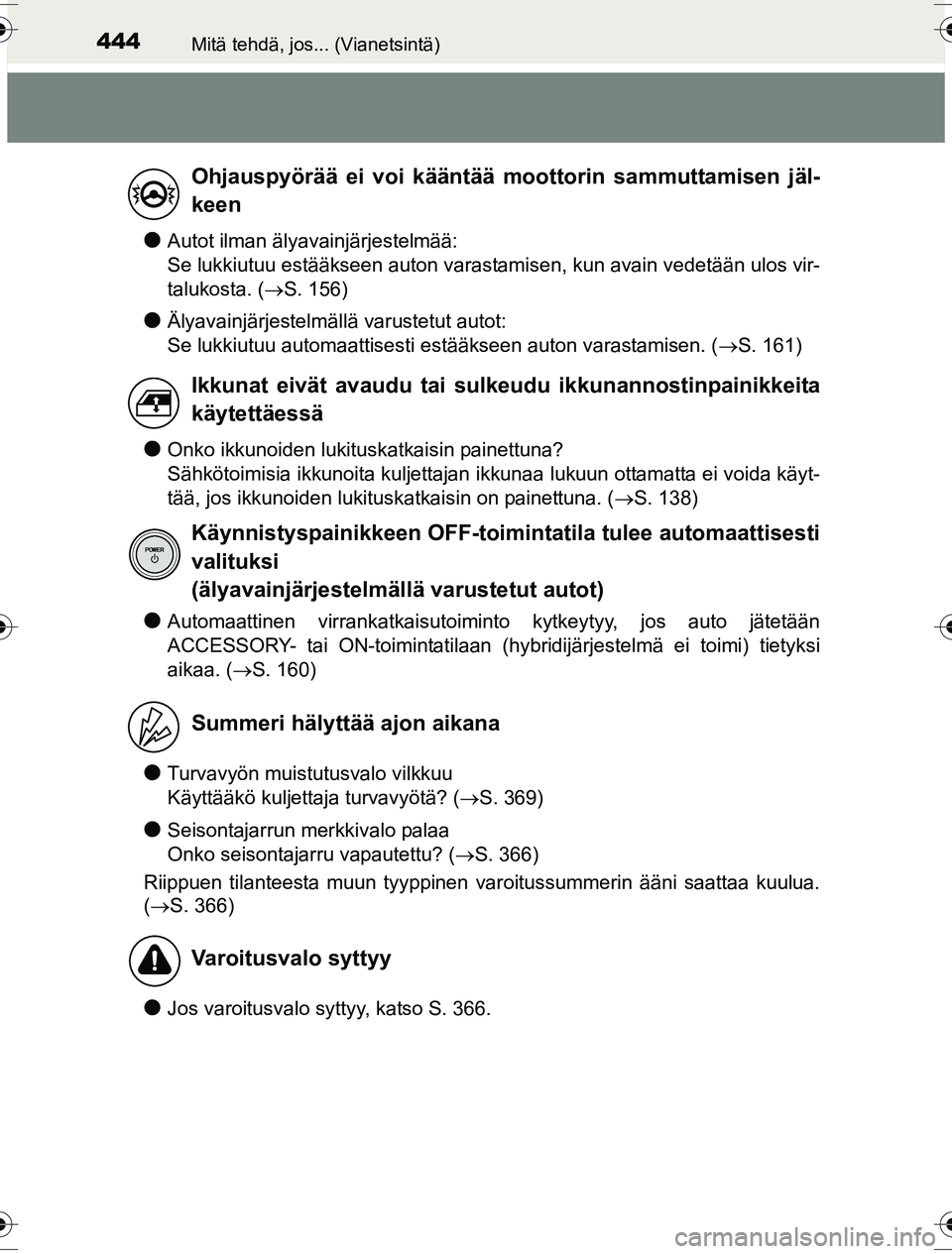 TOYOTA YARIS HYBRID 2016  Omistajan Käsikirja (in Finnish) 444Mitä tehdä, jos... (Vianetsintä)
OM52G10FI
lAutot ilman älyavainjärjestelmää: 
Se lukkiutuu estääkseen auton varastamisen, kun avain vedetään ulos vir-
talukosta. (S. 156)
lÄlyavainj