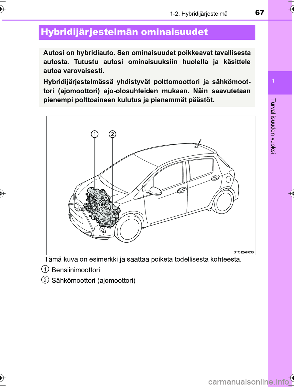 TOYOTA YARIS HYBRID 2016  Omistajan Käsikirja (in Finnish) 67
1
1-2. Hybridijärjestelmä
Turvallisuuden vuoksi
OM52G10FI
Hybridijärjestelmän ominaisuudet
Tämä kuva on esimerkki ja saattaa poiketa todellisesta kohteesta.Bensiinimoottori
Sähkömoottori (a