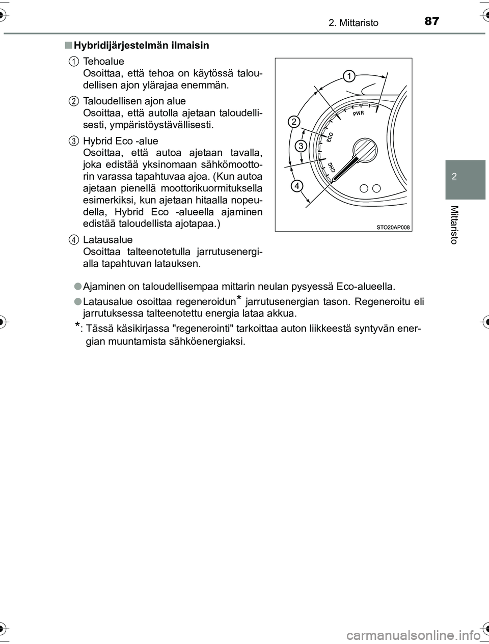 TOYOTA YARIS HYBRID 2016  Omistajan Käsikirja (in Finnish) 872. Mittaristo
2
Mittaristo
OM52G10FIn
Hybridijärjestelmän ilmaisin
lAjaminen on taloudellisempaa mittarin neulan pysyessä Eco-alueella.
l Latausalue osoittaa regeneroidun
* jarrutusenergian tason