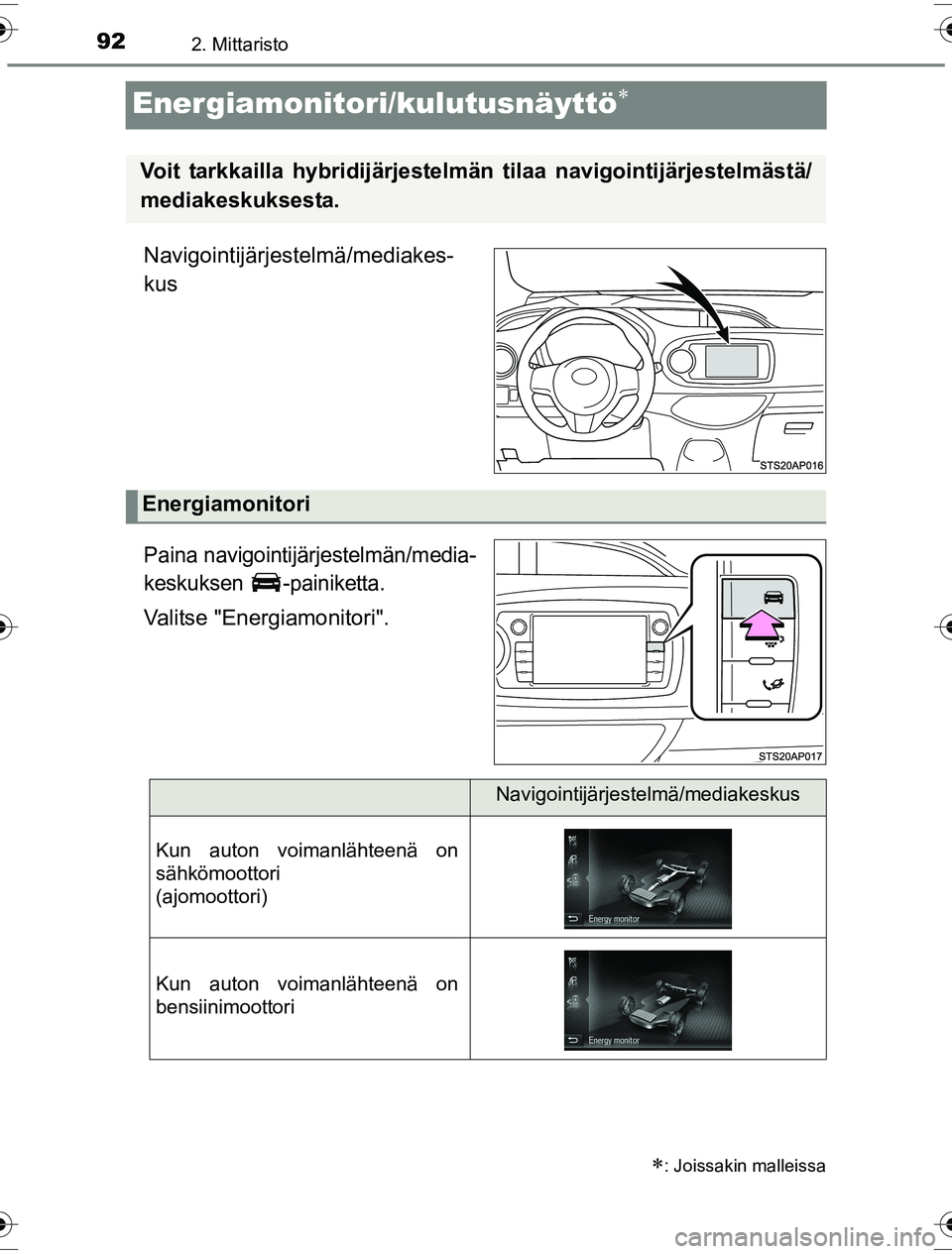 TOYOTA YARIS HYBRID 2016  Omistajan Käsikirja (in Finnish) 922. Mittaristo
OM52G10FI
Energiamonitori/kulutusnäyttö
Navigointijärjestelmä/mediakes-
kus
Paina navigointijärjestelmän/media-
keskuksen -painiketta.
Valitse "Energiamonitori".
: Joissaki