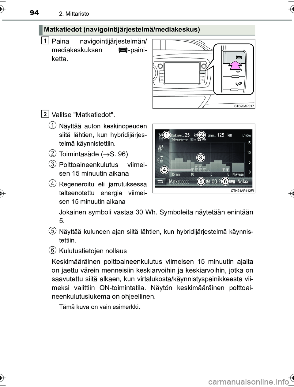 TOYOTA YARIS HYBRID 2016  Omistajan Käsikirja (in Finnish) 942. Mittaristo
OM52G10FI
Paina navigointijärjestelmän/
mediakeskuksen -paini-
ketta.
Valitse "Matkatiedot".
Näyttää auton keskinopeuden
siitä lähtien, kun hybridijärjes-
telmä käynnistettii