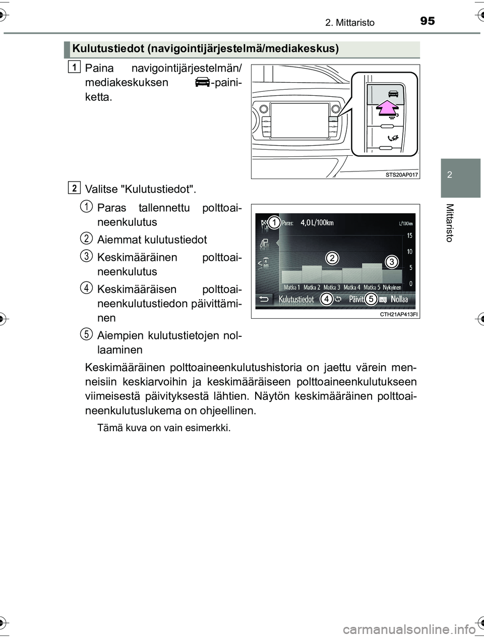 TOYOTA YARIS HYBRID 2016  Omistajan Käsikirja (in Finnish) 952. Mittaristo
2
Mittaristo
OM52G10FI
Paina navigointijärjestelmän/
mediakeskuksen -paini-
ketta.
Valitse "Kulutustiedot".Paras tallennettu polttoai-
neenkulutus
Aiemmat kulutustiedot
Keskimäärä