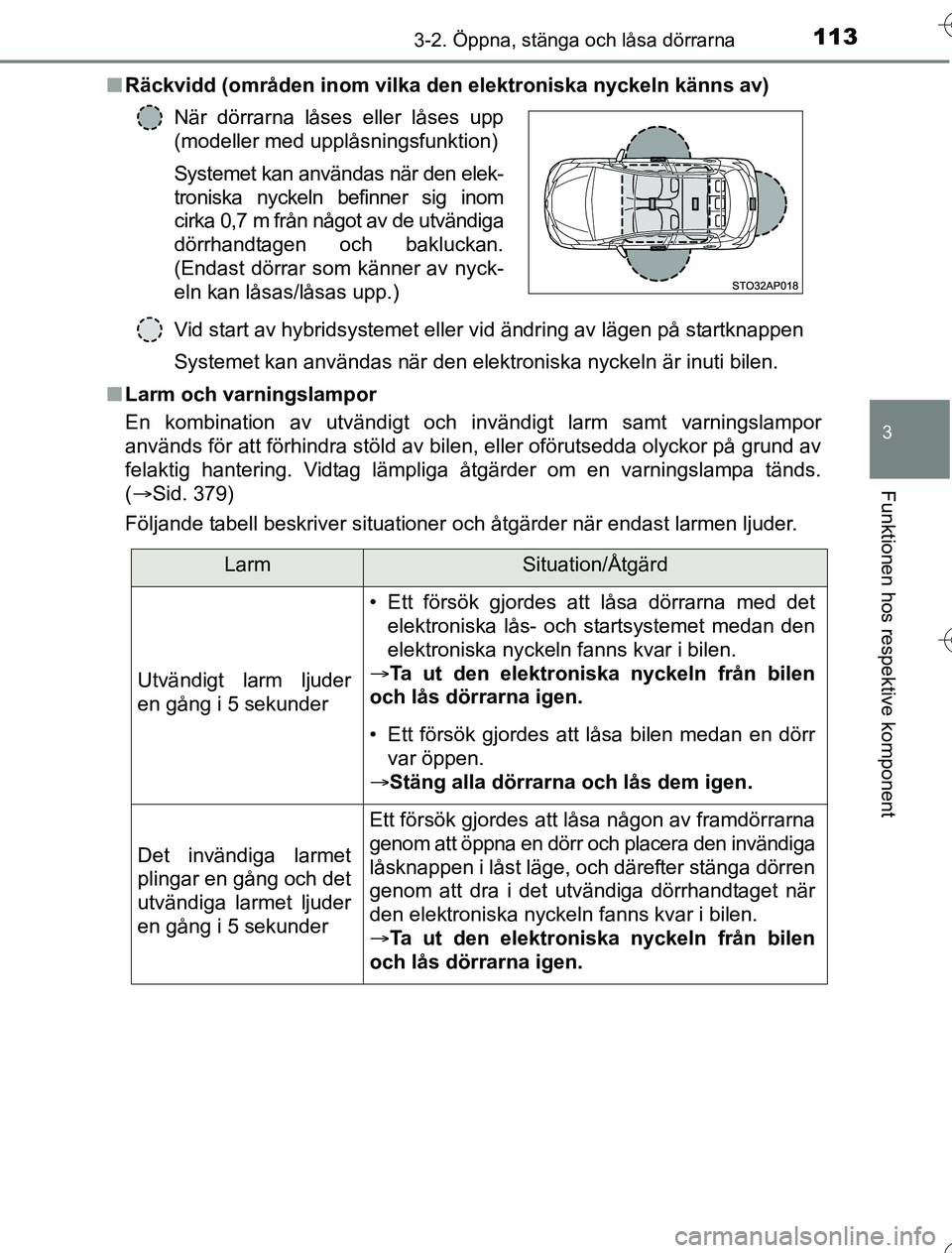 TOYOTA YARIS HYBRID 2016  Bruksanvisningar (in Swedish) 1133-2. Öppna, stänga och låsa dörrarna
3
Funktionen hos respektive komponent
OM52G76SEn
Räckvidd (områden inom vilka den elektroniska nyckeln känns av)
Vid start av hybridsystemet eller vid ä