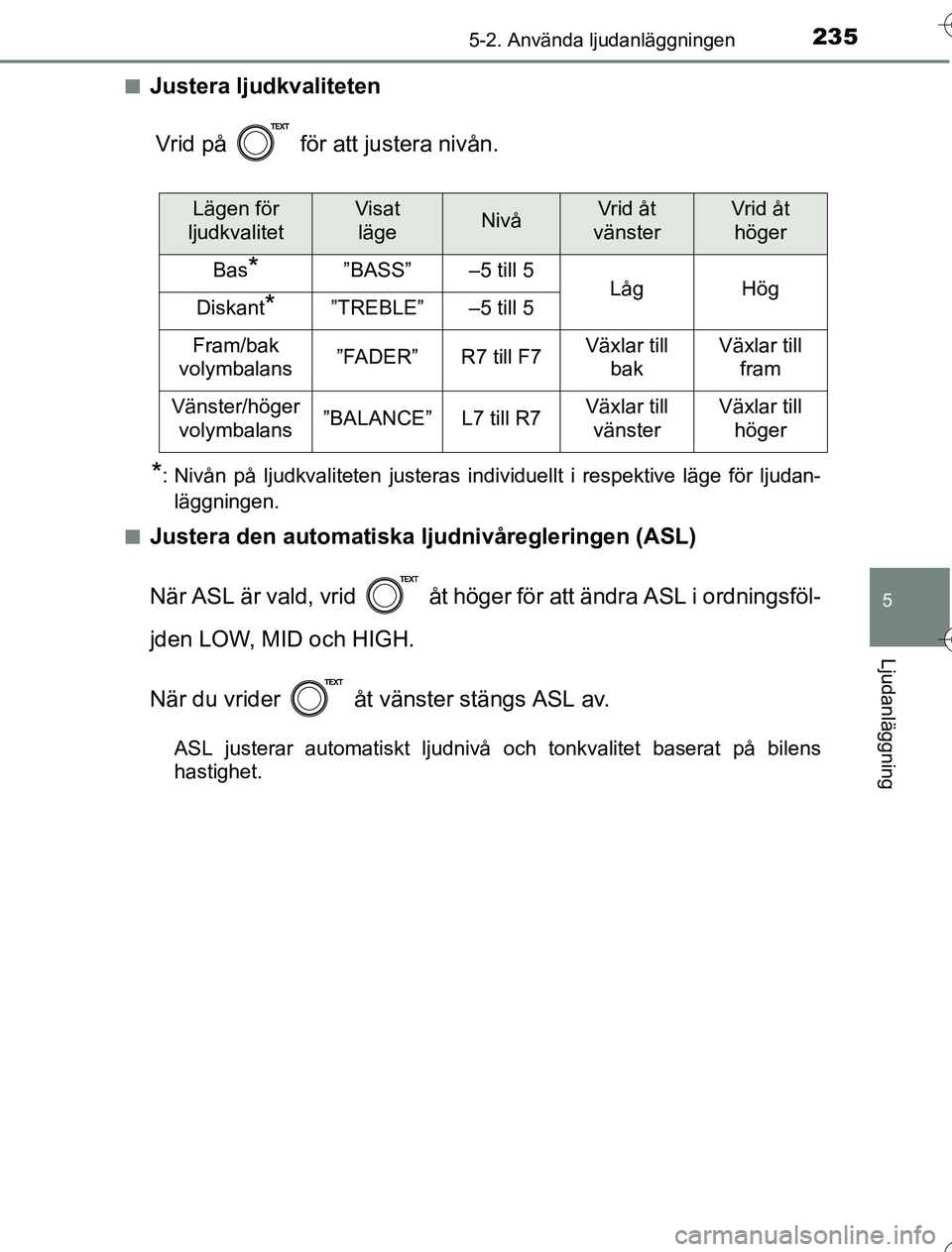 TOYOTA YARIS HYBRID 2016 Bruksanvisningar (in Swedish) 2355-2. Använda ljudanläggningen
5
Ljudanläggning
OM52G76SEn
Justera ljudkvaliteten
Vrid på för att justera nivån.
*: Nivån på ljudkvaliteten justeras individuellt i respektive läge för lj TOYOTA YARIS HYBRID 2016 Bruksanvisningar (in Swedish) 2355-2. Använda ljudanläggningen
5
Ljudanläggning
OM52G76SEn
Justera ljudkvaliteten
Vrid på för att justera nivån.
*: Nivån på ljudkvaliteten justeras individuellt i respektive läge för lj