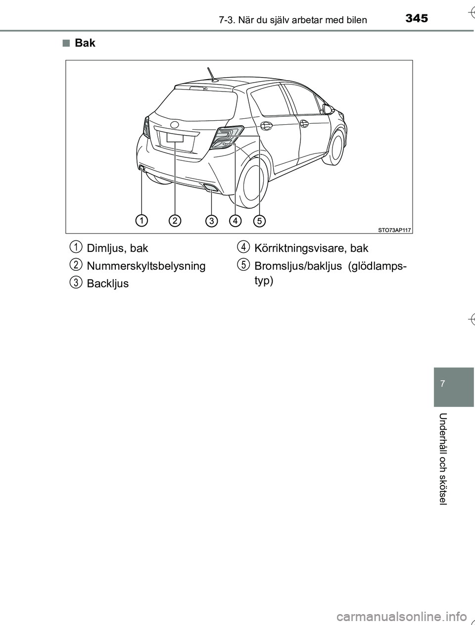 TOYOTA YARIS HYBRID 2016  Bruksanvisningar (in Swedish) 3457-3. När du själv arbetar med bilen
7
Underhåll och skötsel
OM52G76SEn
Bak
Dimljus, bak
Nummerskyltsbelysning
Backljus
Körriktningsvisare, bak
Bromsljus/bakljus (glödlamps-
typ)1
2
3
4
5
OM52
