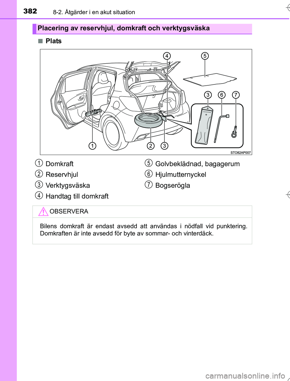 TOYOTA YARIS HYBRID 2016  Bruksanvisningar (in Swedish) 3828-2. Åtgärder i en akut situation
OM52G76SEn
Plats
Placering av reservhjul, domkraft och verktygsväska
Domkraft
Reservhjul
Ve r k t y g s v ä s k a
Handtag till domkraft
Golvbeklädnad, bagager