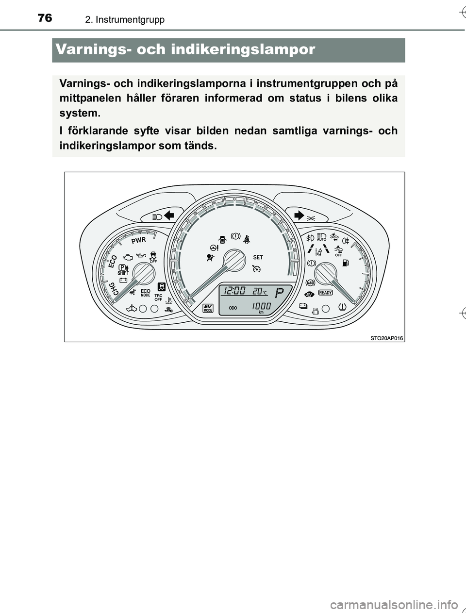 TOYOTA YARIS HYBRID 2016 Bruksanvisningar (in Swedish) 762. Instrumentgrupp
OM52G76SE
Varnings- och indikeringslampor
Varnings- och indikeringslamporna i instrumentgruppen och på
mittpanelen håller föraren informerad om status i bilens olika
system.
I TOYOTA YARIS HYBRID 2016 Bruksanvisningar (in Swedish) 762. Instrumentgrupp
OM52G76SE
Varnings- och indikeringslampor
Varnings- och indikeringslamporna i instrumentgruppen och på
mittpanelen håller föraren informerad om status i bilens olika
system.
I