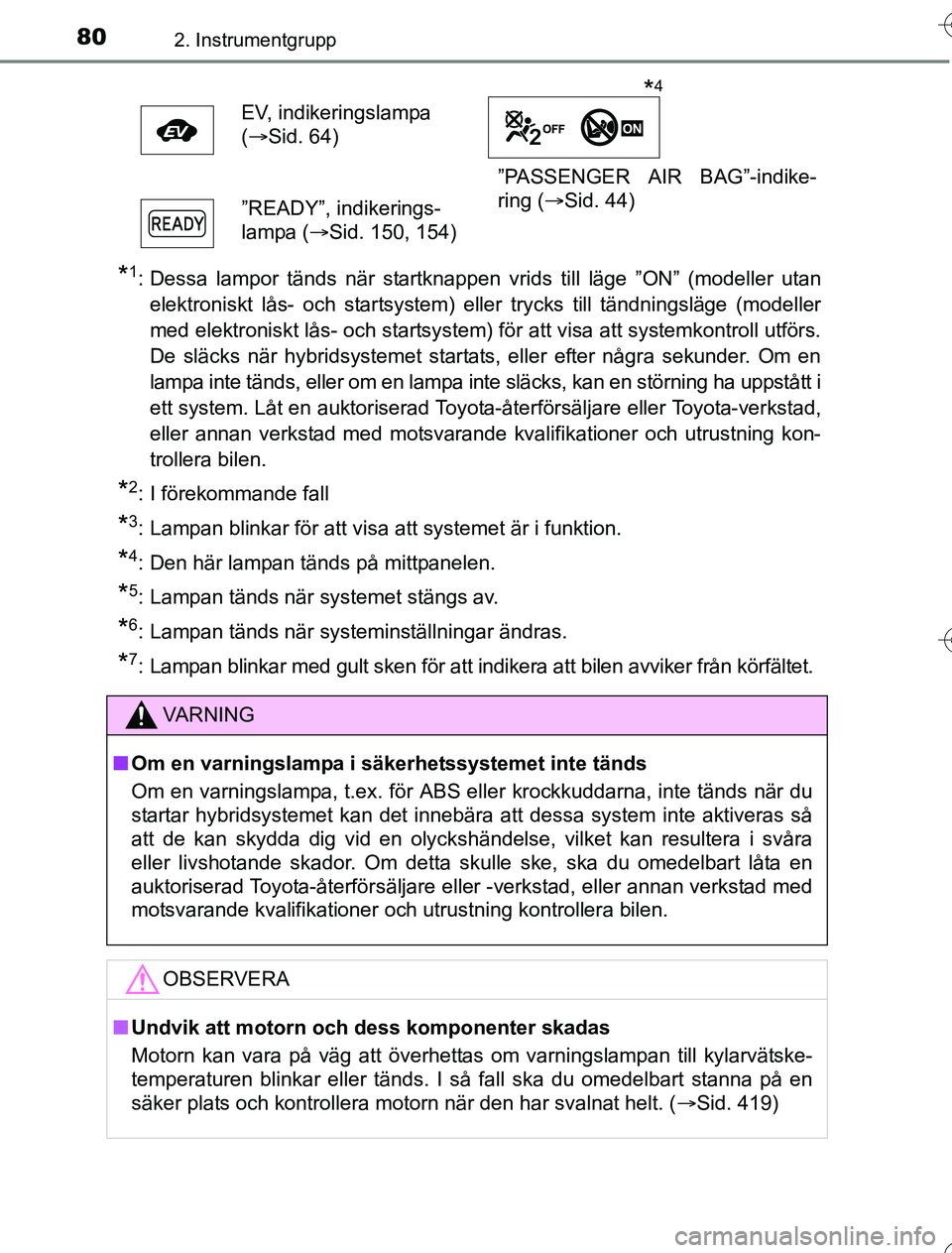 TOYOTA YARIS HYBRID 2016 Bruksanvisningar (in Swedish) 802. Instrumentgrupp
OM52G76SE
*1: Dessa lampor tänds när startknappen vrids till läge ”ON” (modeller utanelektroniskt lås- och startsystem) eller trycks till tändningsläge (modeller
med ele TOYOTA YARIS HYBRID 2016 Bruksanvisningar (in Swedish) 802. Instrumentgrupp
OM52G76SE
*1: Dessa lampor tänds när startknappen vrids till läge ”ON” (modeller utanelektroniskt lås- och startsystem) eller trycks till tändningsläge (modeller
med ele