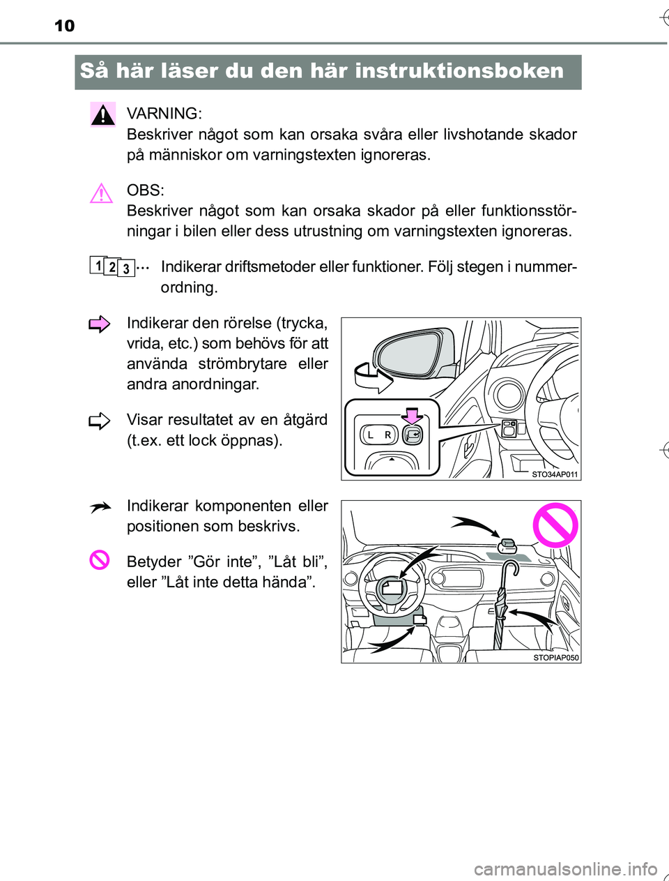 TOYOTA YARIS HYBRID 2016 Bruksanvisningar (in Swedish) 10
OM52G76SE
Så här läser du den här instruktionsboken
VA R N I N G :
Beskriver något som kan orsaka svåra eller livshotande skador
på människor om varningstexten ignoreras.
OBS:
Beskriver TOYOTA YARIS HYBRID 2016 Bruksanvisningar (in Swedish) 10
OM52G76SE
Så här läser du den här instruktionsboken
VA R N I N G :
Beskriver något som kan orsaka svåra eller livshotande skador
på människor om varningstexten ignoreras.
OBS:
Beskriver