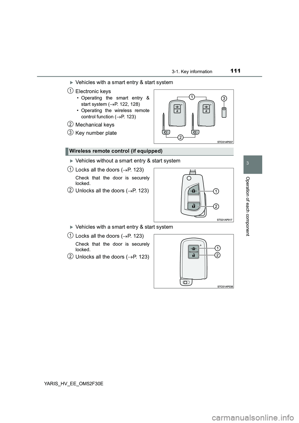 TOYOTA YARIS HYBRID 2015  Owners Manual 1113-1. Key information
3
Operation of each component
YARIS_HV_EE_OM52F30E
�XVehicles with a smart entry & start system 
Electronic keys
• Operating the smart entry & 
start system ( →P. 122, 128)