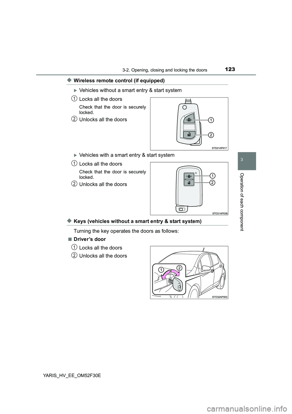 TOYOTA YARIS HYBRID 2015  Owners Manual 1233-2. Opening, closing and locking the doors
3
Operation of each component
YARIS_HV_EE_OM52F30E
◆Wireless remote control (if equipped)
�XVehicles without a smart entry & start system 
Locks all th
