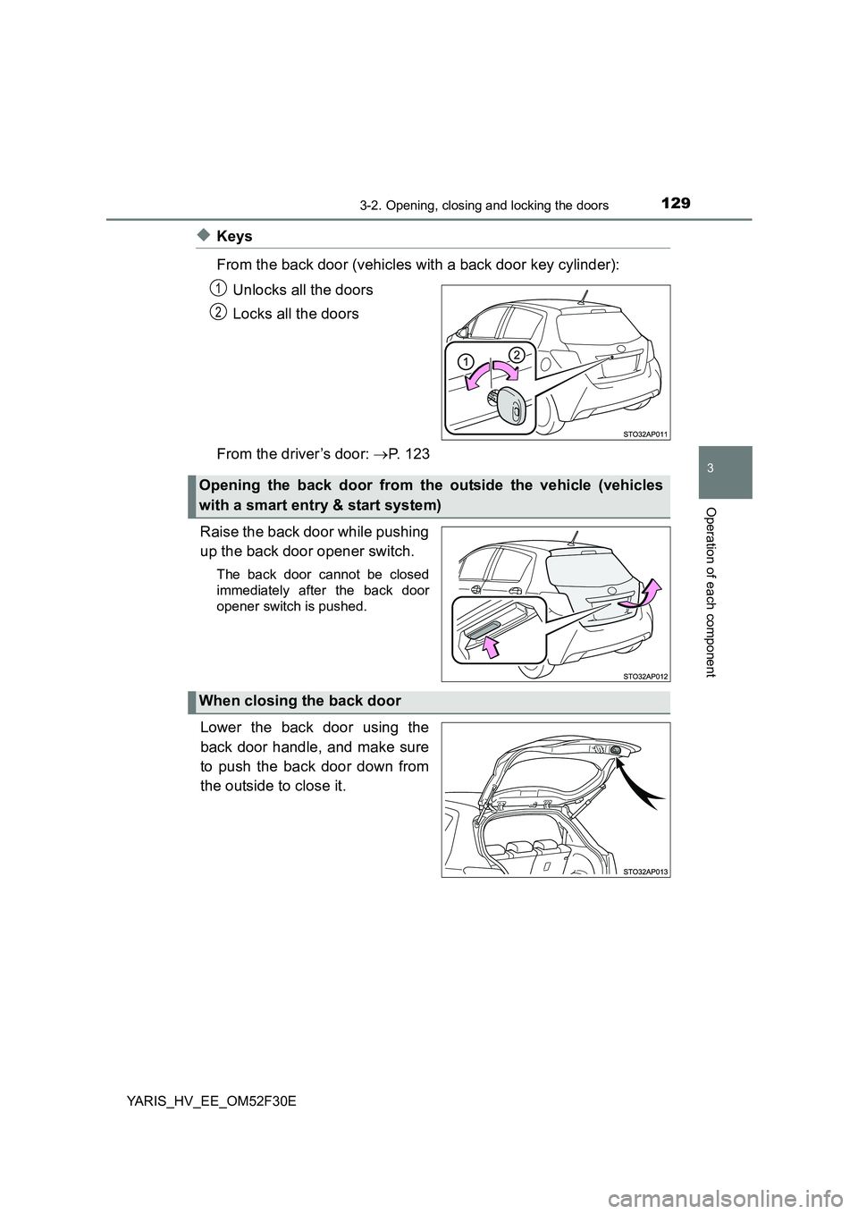 TOYOTA YARIS HYBRID 2015  Owners Manual 1293-2. Opening, closing and locking the doors
3
Operation of each component
YARIS_HV_EE_OM52F30E
◆Keys 
From the back door (vehicles with a back door key cylinder): 
Unlocks all the doors 
Locks al
