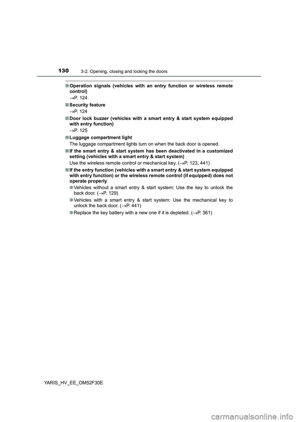 TOYOTA YARIS HYBRID 2015  Owners Manual 1303-2. Opening, closing and locking the doors
YARIS_HV_EE_OM52F30E
■Operation signals (vehicles with an entry function or wireless remote 
control) 
→ P. 124 
■ Security feature 
→ P. 124 
