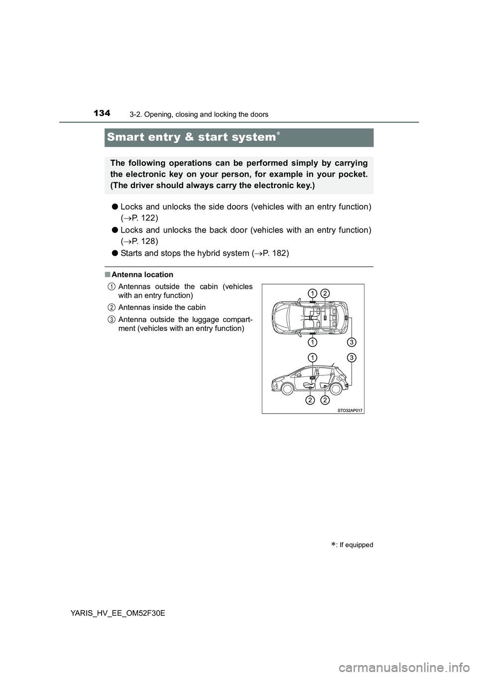 TOYOTA YARIS HYBRID 2015  Owners Manual 1343-2. Opening, closing and locking the doors
YARIS_HV_EE_OM52F30E
Smar t entr y & start system∗
●Locks and unlocks the side doors (vehicles with an entry function) 
( →P. 122) 
● Locks and u