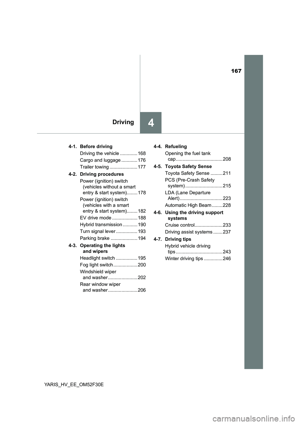 TOYOTA YARIS HYBRID 2015  Owners Manual 167
4Driving
YARIS_HV_EE_OM52F30E 
4-1. Before driving 
Driving the vehicle ............. 168 
Cargo and luggage ............ 176 
Trailer towing ..................... 177 
4-2. Driving procedures 
Po