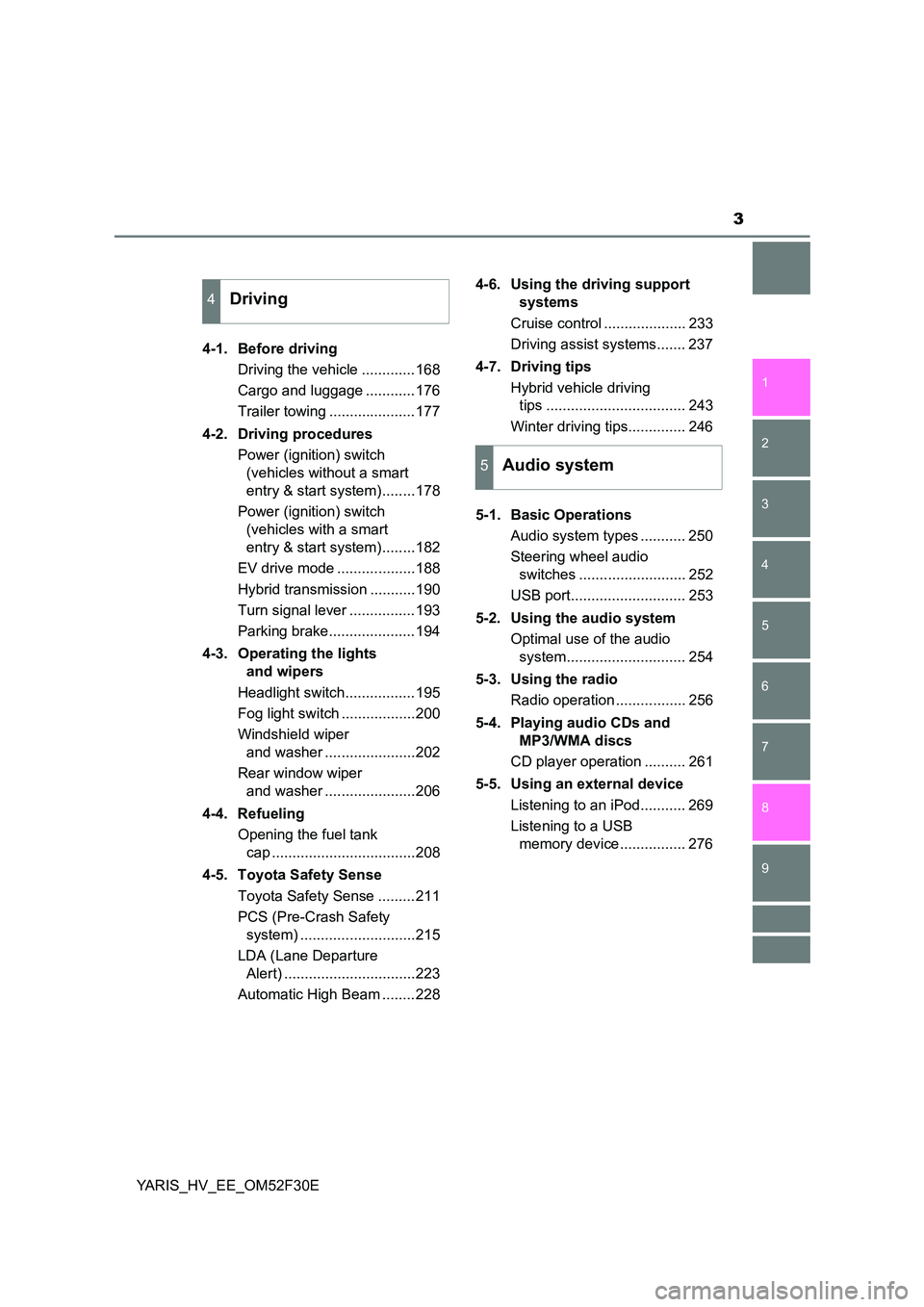 TOYOTA YARIS HYBRID 2015 Owners Manual 3
1
7
8
6
5
4
3
2
9
YARIS_HV_EE_OM52F30E
4-1. Before driving
Driving the vehicle .............168
Cargo and luggage ............176
Trailer towing .....................177
4-2. Driving proced TOYOTA YARIS HYBRID 2015 Owners Manual 3
1
7
8
6
5
4
3
2
9
YARIS_HV_EE_OM52F30E
4-1. Before driving
Driving the vehicle .............168
Cargo and luggage ............176
Trailer towing .....................177
4-2. Driving proced