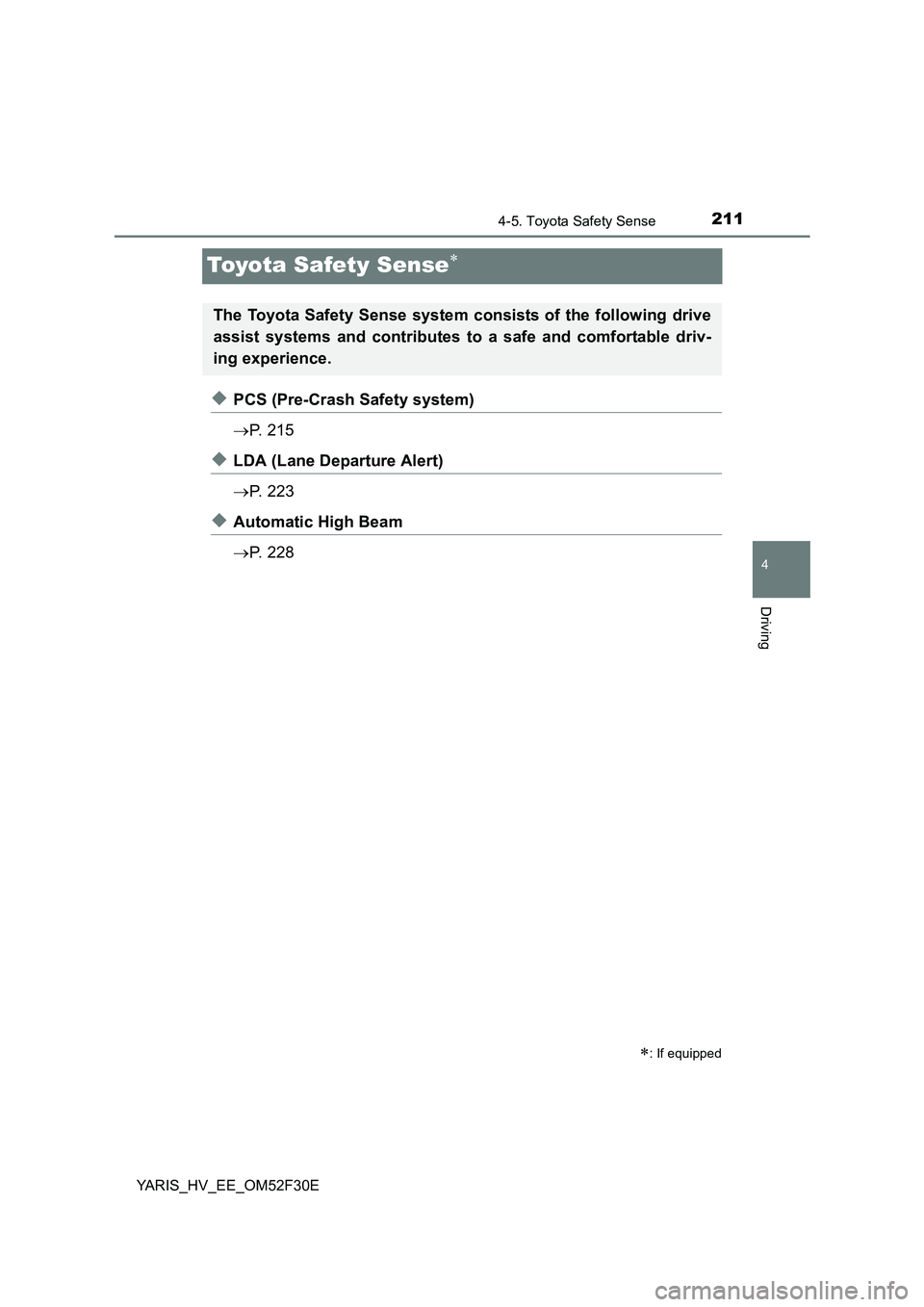 TOYOTA YARIS HYBRID 2015 Owners Manual 211
4
4-5. Toyota Safety Sense
Driving
YARIS_HV_EE_OM52F30E
Toyota Safety Sense∗
◆PCS (Pre-Crash Safety system)
→ P. 2 1 5
◆LDA (Lane Departure Alert)
→ P. 2 2 3
◆Automatic High Beam
TOYOTA YARIS HYBRID 2015 Owners Manual 211
4
4-5. Toyota Safety Sense
Driving
YARIS_HV_EE_OM52F30E
Toyota Safety Sense∗
◆PCS (Pre-Crash Safety system)
→ P. 2 1 5
◆LDA (Lane Departure Alert)
→ P. 2 2 3
◆Automatic High Beam