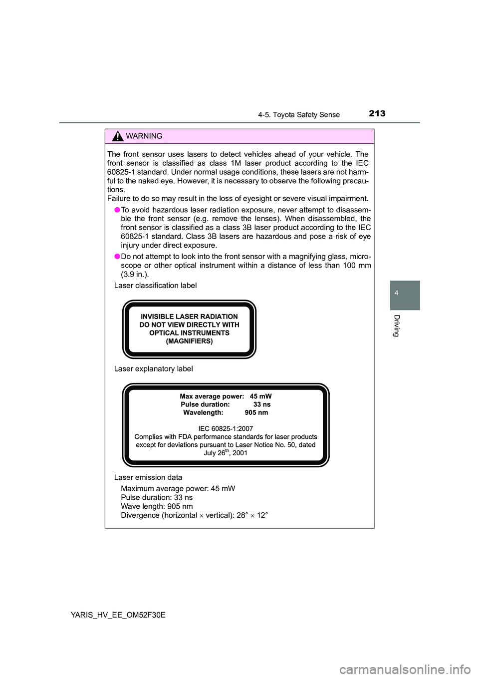 TOYOTA YARIS HYBRID 2015 Owners Manual 2134-5. Toyota Safety Sense
4
Driving
YARIS_HV_EE_OM52F30E
WARNING
The front sensor uses lasers to detect vehicles ahead of your vehicle. The
front sensor is classified as class 1M laser product acc TOYOTA YARIS HYBRID 2015 Owners Manual 2134-5. Toyota Safety Sense
4
Driving
YARIS_HV_EE_OM52F30E
WARNING
The front sensor uses lasers to detect vehicles ahead of your vehicle. The
front sensor is classified as class 1M laser product acc