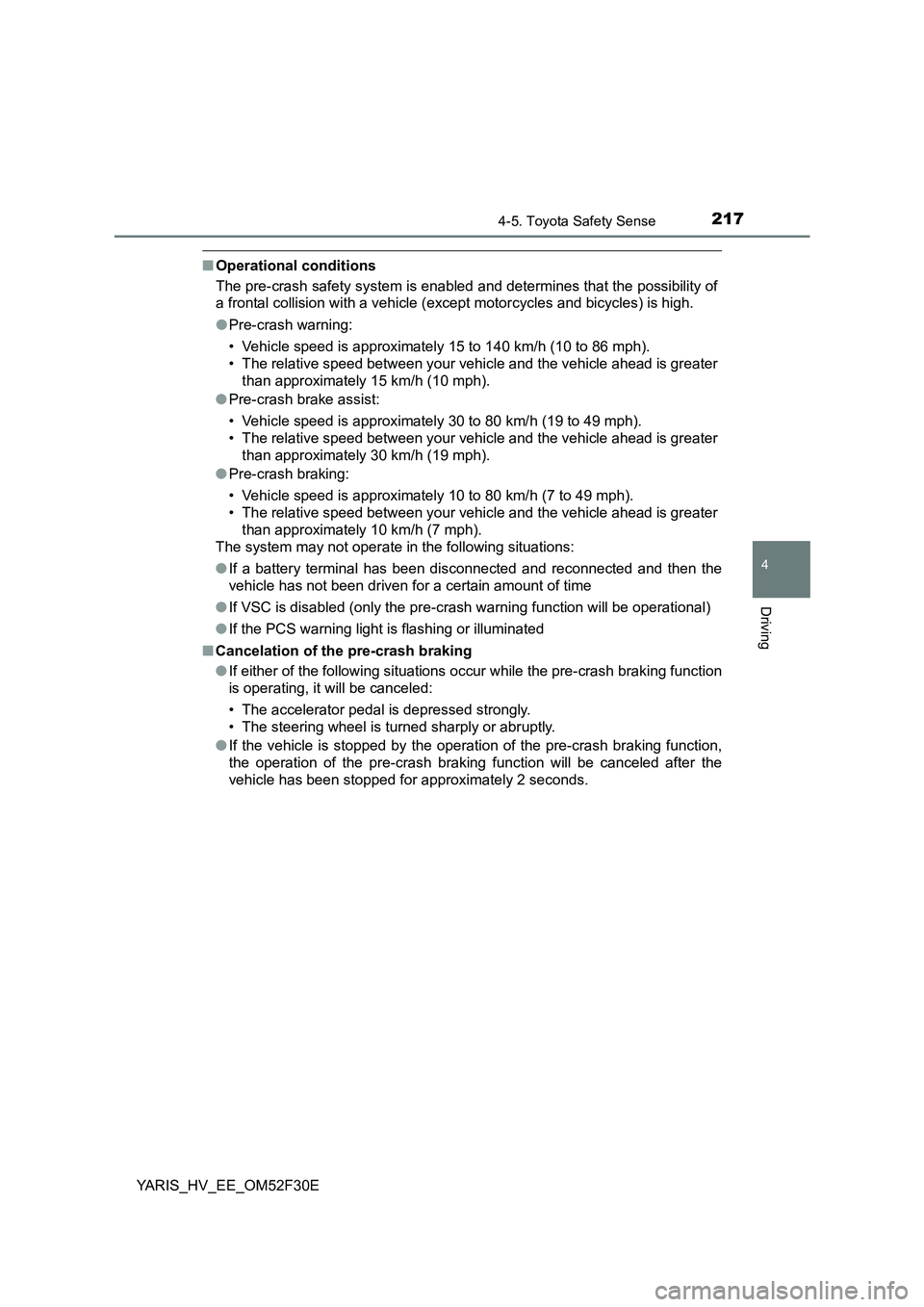 TOYOTA YARIS HYBRID 2015 Owners Manual 2174-5. Toyota Safety Sense
4
Driving
YARIS_HV_EE_OM52F30E
■Operational conditions
The pre-crash safety system is enabled and determines that the possibility of
a frontal collision with a vehicle TOYOTA YARIS HYBRID 2015 Owners Manual 2174-5. Toyota Safety Sense
4
Driving
YARIS_HV_EE_OM52F30E
■Operational conditions
The pre-crash safety system is enabled and determines that the possibility of
a frontal collision with a vehicle