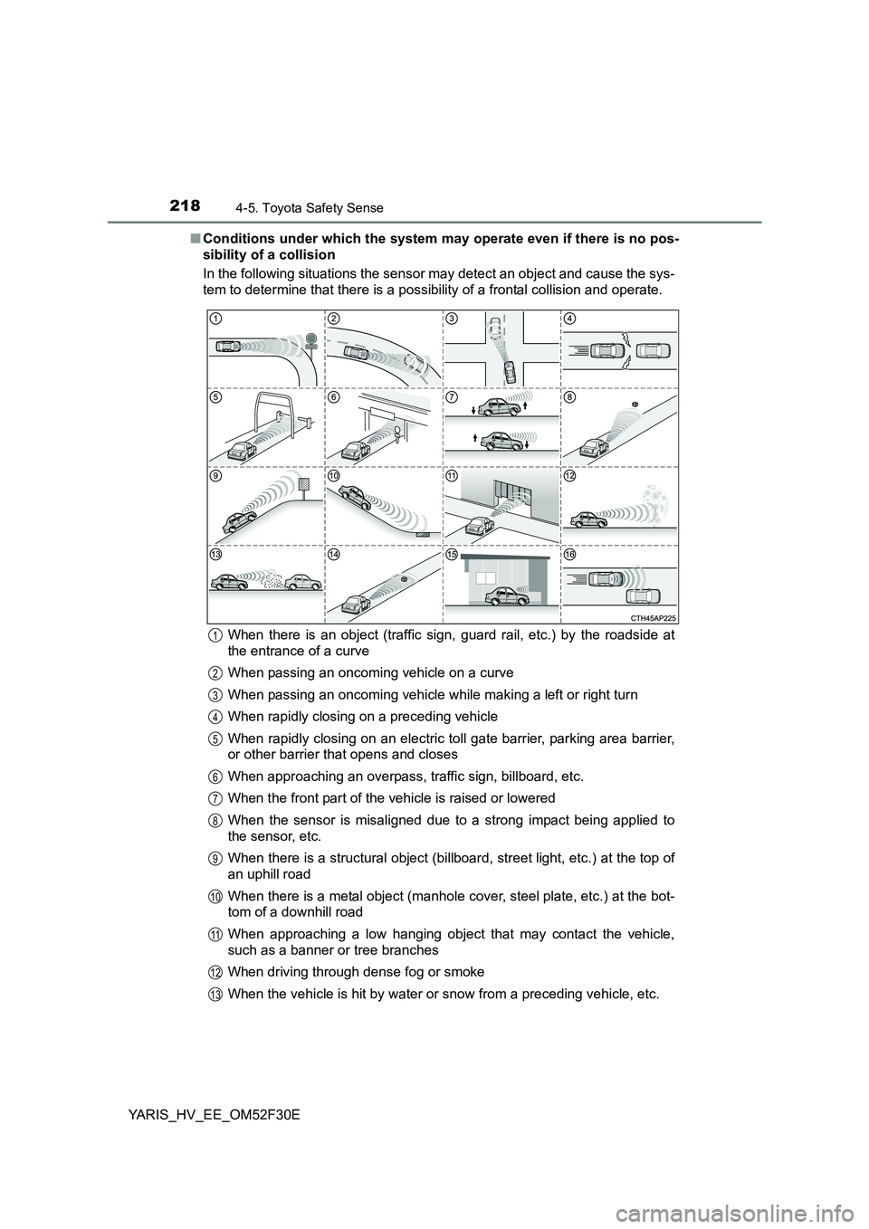 TOYOTA YARIS HYBRID 2015 Owners Manual 2184-5. Toyota Safety Sense
YARIS_HV_EE_OM52F30E
■ Conditions under which the system may operate even if there is no pos-
sibility of a collision
In the following situations the sensor may detect TOYOTA YARIS HYBRID 2015 Owners Manual 2184-5. Toyota Safety Sense
YARIS_HV_EE_OM52F30E
■ Conditions under which the system may operate even if there is no pos-
sibility of a collision
In the following situations the sensor may detect