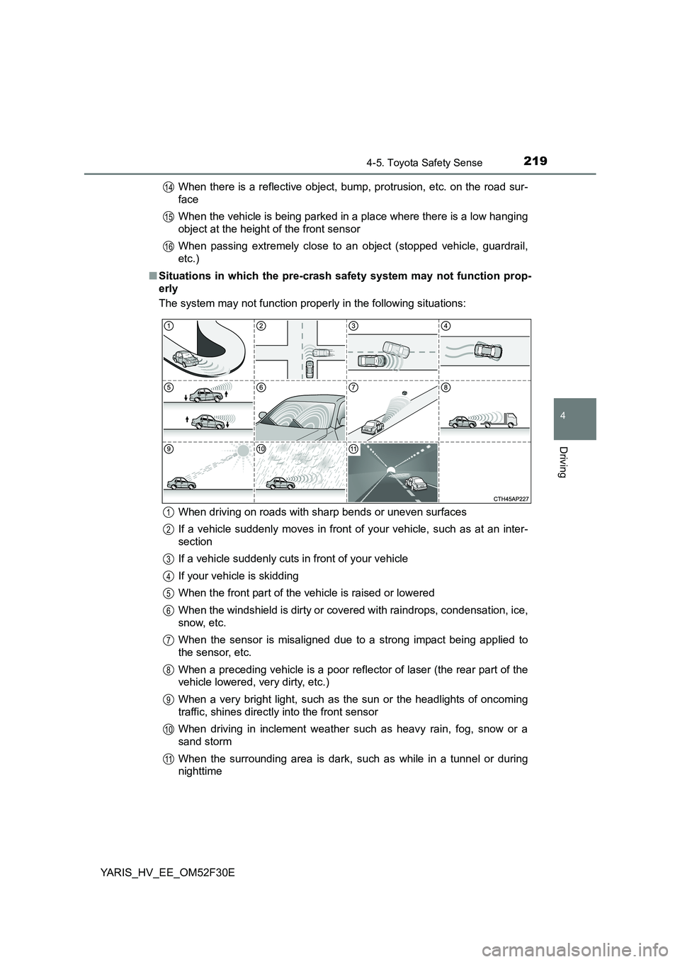 TOYOTA YARIS HYBRID 2015 Owners Manual 2194-5. Toyota Safety Sense
4
Driving
YARIS_HV_EE_OM52F30E
When there is a reflective object, bump, protrusion, etc. on the road sur-
face
When the vehicle is being parked in a place where there is TOYOTA YARIS HYBRID 2015 Owners Manual 2194-5. Toyota Safety Sense
4
Driving
YARIS_HV_EE_OM52F30E
When there is a reflective object, bump, protrusion, etc. on the road sur-
face
When the vehicle is being parked in a place where there is