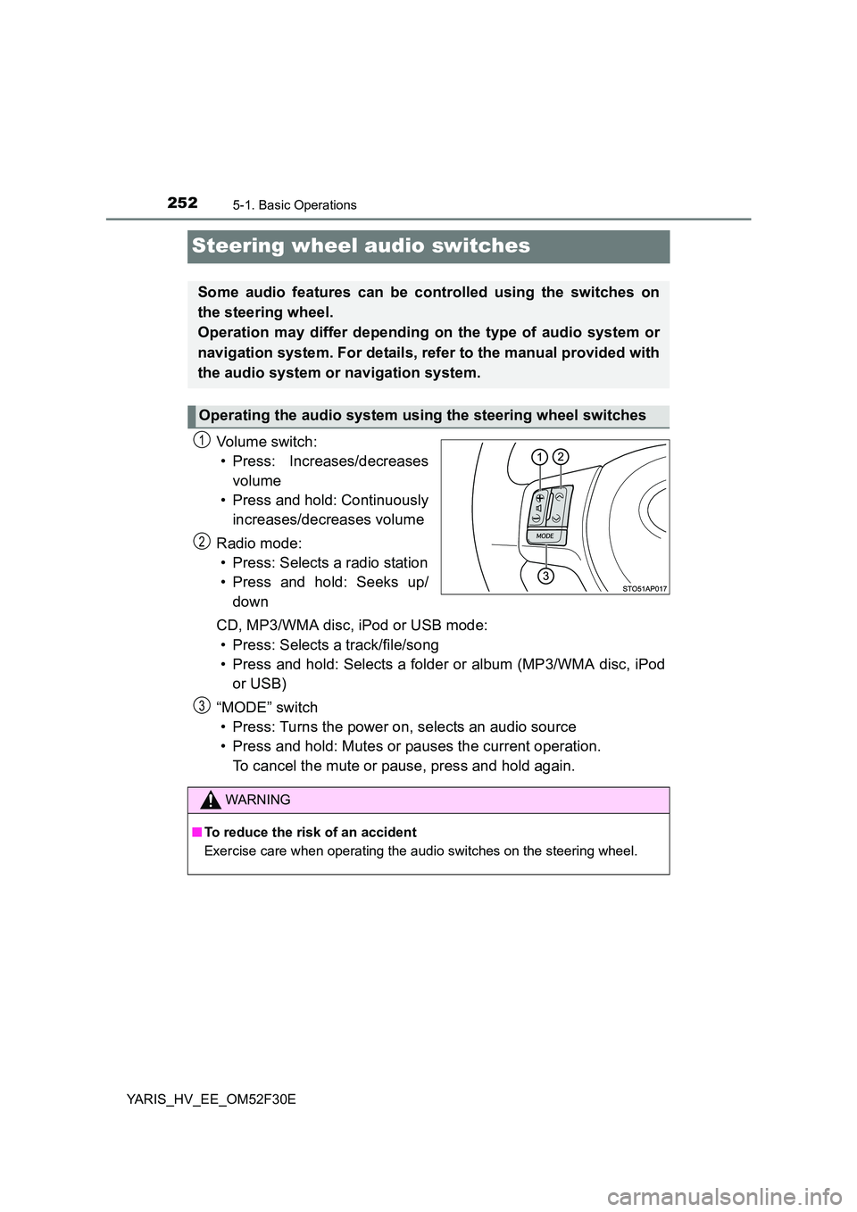 TOYOTA YARIS HYBRID 2015  Owners Manual 2525-1. Basic Operations
YARIS_HV_EE_OM52F30E
Steering wheel audio switches
Vo lu m e swi tc h : 
• Press: Increases/decreases 
volume 
• Press and hold: Continuously 
increases/decreases volume 
