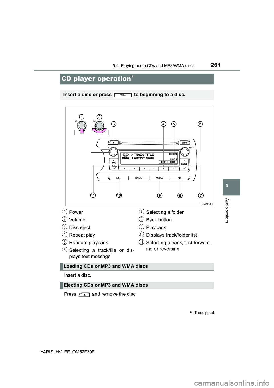 TOYOTA YARIS HYBRID 2015 Owners Manual 261
5
5-4. Playing audio CDs and MP3/WMA discs
Audio system
YARIS_HV_EE_OM52F30E
CD player operation∗
Insert a disc.
Press and remove the disc.
∗: If equipped
Insert a disc or press to beginn TOYOTA YARIS HYBRID 2015 Owners Manual 261
5
5-4. Playing audio CDs and MP3/WMA discs
Audio system
YARIS_HV_EE_OM52F30E
CD player operation∗
Insert a disc.
Press and remove the disc.
∗: If equipped
Insert a disc or press to beginn