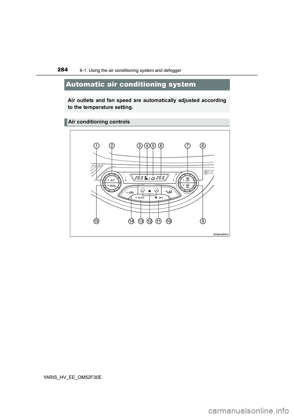 TOYOTA YARIS HYBRID 2015 Owners Manual 2846-1. Using the air conditioning system and defogger
YARIS_HV_EE_OM52F30E
Automatic air conditioning system
Air outlets and fan speed are automatically adjusted according
to the temperature setting TOYOTA YARIS HYBRID 2015 Owners Manual 2846-1. Using the air conditioning system and defogger
YARIS_HV_EE_OM52F30E
Automatic air conditioning system
Air outlets and fan speed are automatically adjusted according
to the temperature setting
