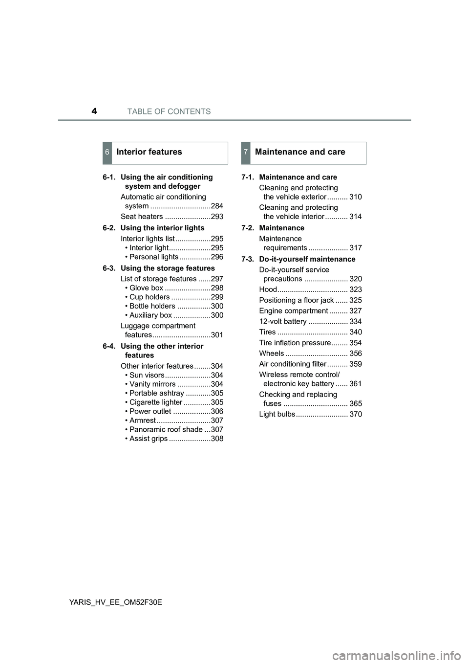 TOYOTA YARIS HYBRID 2015 Owners Manual TABLE OF CONTENTS4
YARIS_HV_EE_OM52F30E
6-1. Using the air conditioning
system and defogger
Automatic air conditioning
system .............................284
Seat heaters ..................... TOYOTA YARIS HYBRID 2015 Owners Manual TABLE OF CONTENTS4
YARIS_HV_EE_OM52F30E
6-1. Using the air conditioning
system and defogger
Automatic air conditioning
system .............................284
Seat heaters .....................
