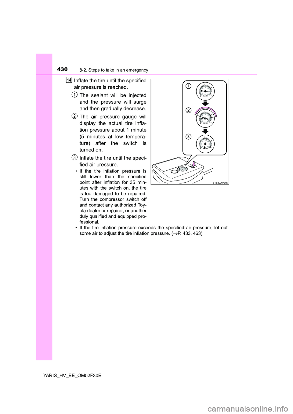 TOYOTA YARIS HYBRID 2015  Owners Manual 4308-2. Steps to take in an emergency
YARIS_HV_EE_OM52F30E
Inflate the tire until the specified 
air pressure is reached. 
The sealant will be injected 
and the pressure will surge 
and then gradually