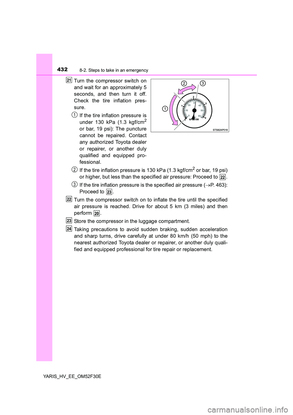 TOYOTA YARIS HYBRID 2015 Owners Manual 4328-2. Steps to take in an emergency
YARIS_HV_EE_OM52F30E
Turn the compressor switch on
and wait for an approximately 5
seconds, and then turn it off.
Check the tire inflation pres-
sure.
If the TOYOTA YARIS HYBRID 2015 Owners Manual 4328-2. Steps to take in an emergency
YARIS_HV_EE_OM52F30E
Turn the compressor switch on
and wait for an approximately 5
seconds, and then turn it off.
Check the tire inflation pres-
sure.
If the