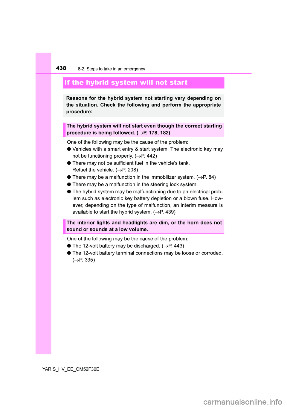 TOYOTA YARIS HYBRID 2015 Owners Manual 4388-2. Steps to take in an emergency
YARIS_HV_EE_OM52F30E
If the hybrid system will not start
One of the following may be the cause of the problem:
● Vehicles with a smart entry & start system: Th TOYOTA YARIS HYBRID 2015 Owners Manual 4388-2. Steps to take in an emergency
YARIS_HV_EE_OM52F30E
If the hybrid system will not start
One of the following may be the cause of the problem:
● Vehicles with a smart entry & start system: Th