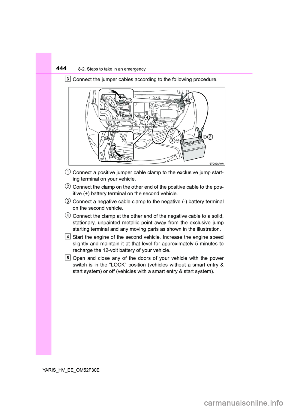 TOYOTA YARIS HYBRID 2015 Owners Manual 4448-2. Steps to take in an emergency
YARIS_HV_EE_OM52F30E
Connect the jumper cables according to the following procedure.
Connect a positive jumper cable clamp to the exclusive jump start-
ing term TOYOTA YARIS HYBRID 2015 Owners Manual 4448-2. Steps to take in an emergency
YARIS_HV_EE_OM52F30E
Connect the jumper cables according to the following procedure.
Connect a positive jumper cable clamp to the exclusive jump start-
ing term