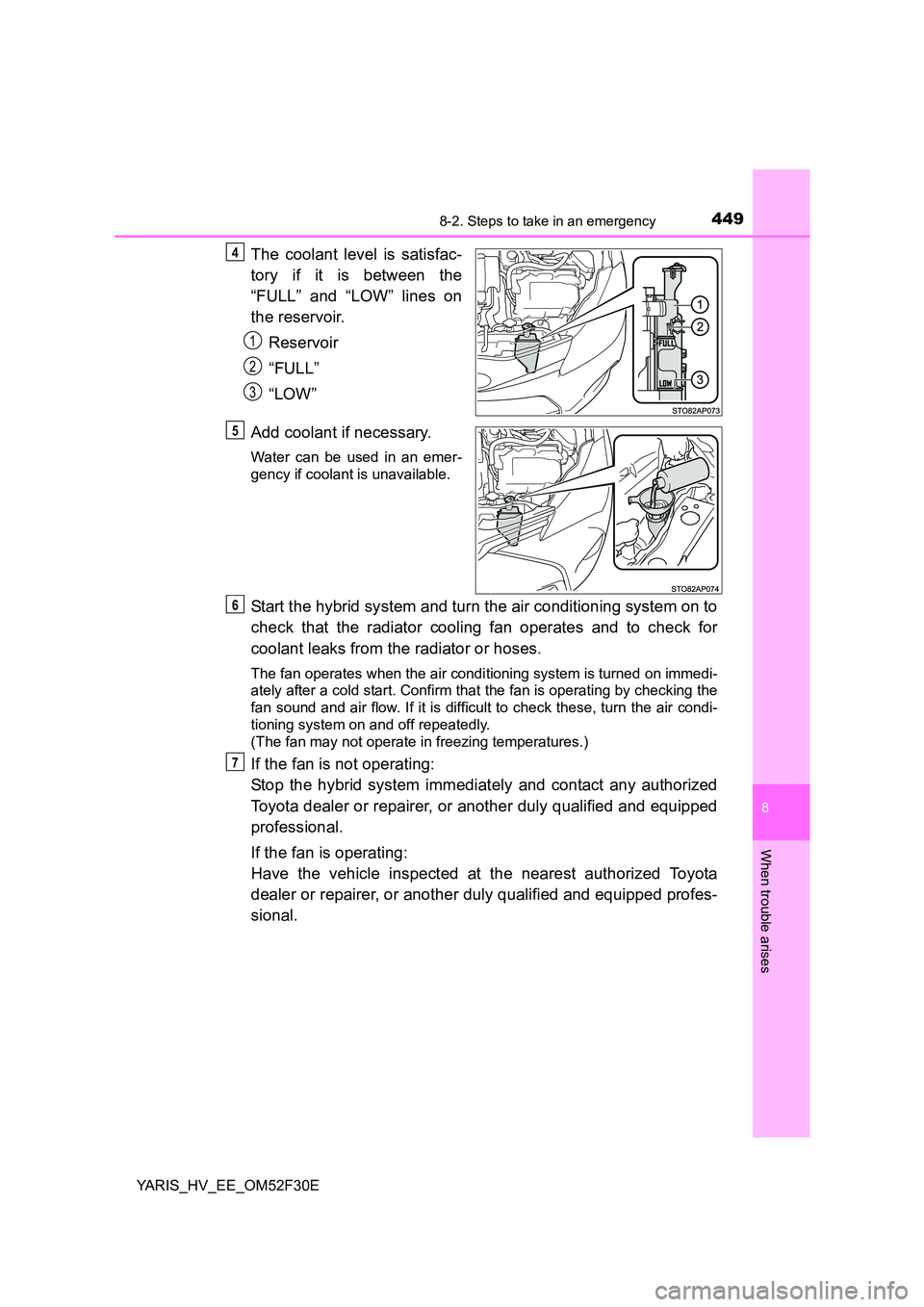 TOYOTA YARIS HYBRID 2015 Owners Manual 4498-2. Steps to take in an emergency
8
When trouble arises
YARIS_HV_EE_OM52F30E
The coolant level is satisfac-
tory if it is between the
“FULL” and “LOW” lines on
the reservoir.
Reservoir TOYOTA YARIS HYBRID 2015 Owners Manual 4498-2. Steps to take in an emergency
8
When trouble arises
YARIS_HV_EE_OM52F30E
The coolant level is satisfac-
tory if it is between the
“FULL” and “LOW” lines on
the reservoir.
Reservoir