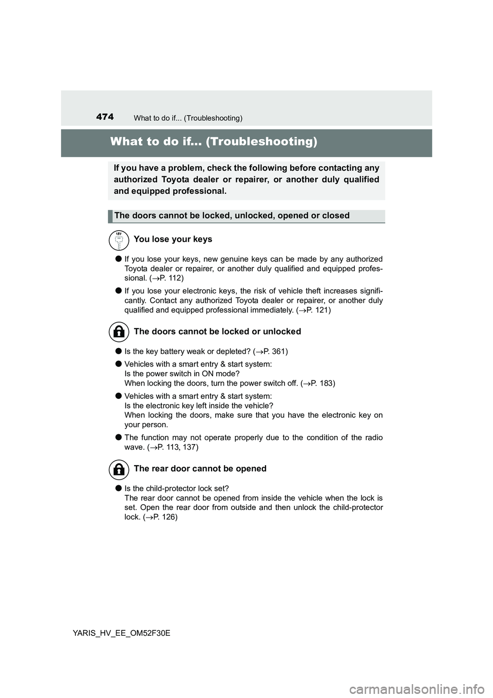TOYOTA YARIS HYBRID 2015 Owners Manual 474What to do if... (Troubleshooting)
YARIS_HV_EE_OM52F30E
What to do if... (Troubleshooting)
●If you lose your keys, new genuine keys can be made by any authorized
Toyota dealer or repairer, or an TOYOTA YARIS HYBRID 2015 Owners Manual 474What to do if... (Troubleshooting)
YARIS_HV_EE_OM52F30E
What to do if... (Troubleshooting)
●If you lose your keys, new genuine keys can be made by any authorized
Toyota dealer or repairer, or an