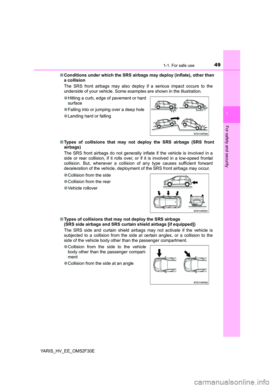 TOYOTA YARIS HYBRID 2015 Service Manual 491-1. For safe use
1
For safety and security
YARIS_HV_EE_OM52F30E 
■ Conditions under which the SRS airbags may deploy (inflate), other than 
a collision  
The SRS front airbags may also deploy if 