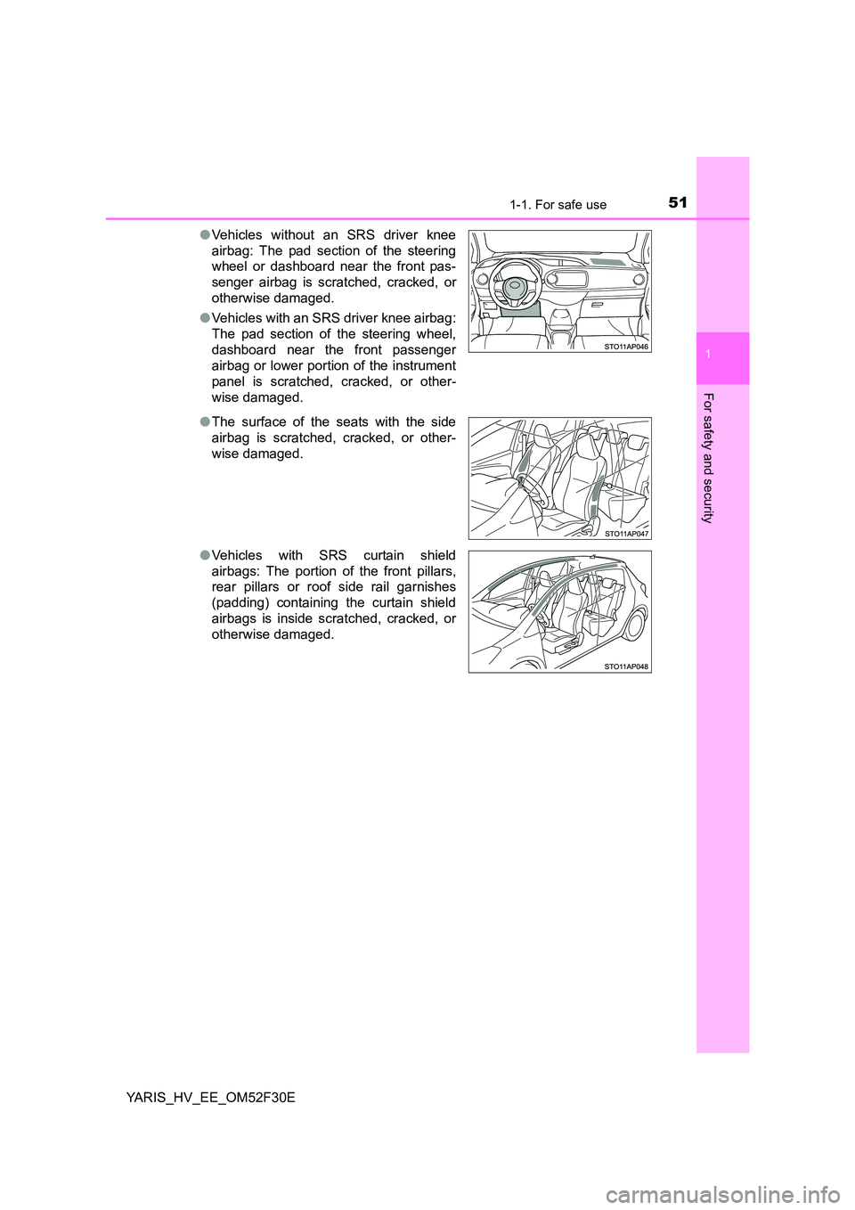 TOYOTA YARIS HYBRID 2015 Workshop Manual 511-1. For safe use
1
For safety and security
YARIS_HV_EE_OM52F30E 
● Vehicles without an SRS driver knee 
airbag: The pad section of the steering 
wheel or dashboard near the front pas- 
senger air