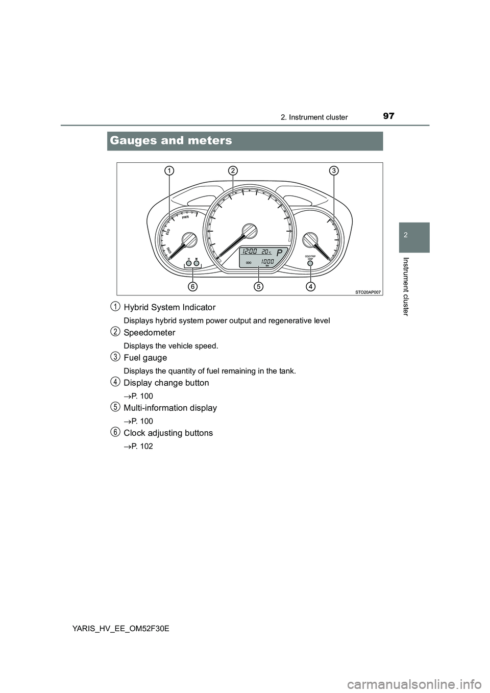 TOYOTA YARIS HYBRID 2015 Owners Manual 97
2
2. Instrument cluster
Instrument cluster
YARIS_HV_EE_OM52F30E
Gauges and meters
Hybrid System Indicator
Displays hybrid system power output and regenerative level
Speedometer
Displays the vehicle TOYOTA YARIS HYBRID 2015 Owners Manual 97
2
2. Instrument cluster
Instrument cluster
YARIS_HV_EE_OM52F30E
Gauges and meters
Hybrid System Indicator
Displays hybrid system power output and regenerative level
Speedometer
Displays the vehicle