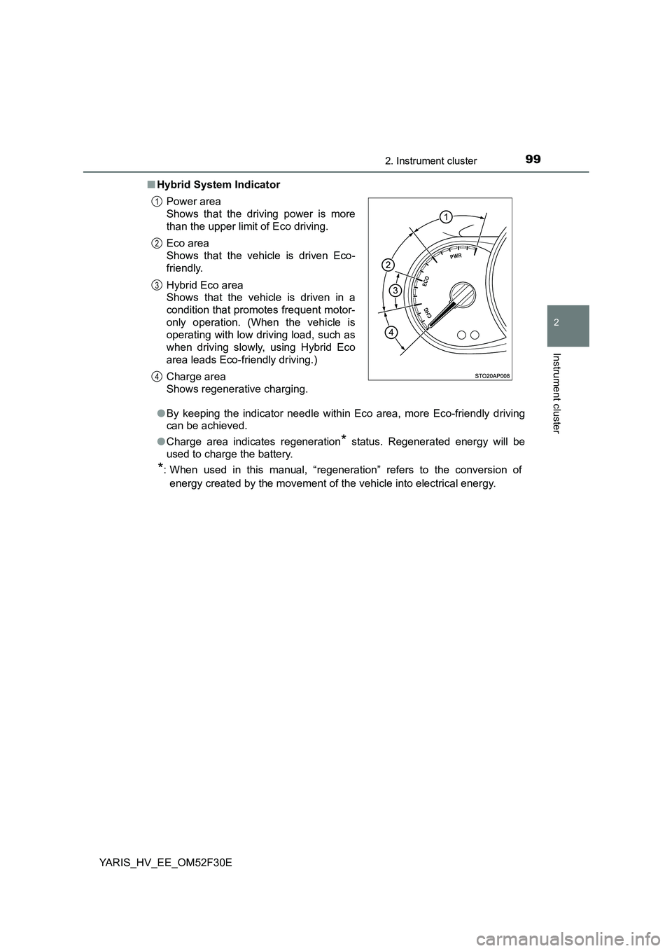 TOYOTA YARIS HYBRID 2015 Owners Manual 992. Instrument cluster
2
Instrument cluster
YARIS_HV_EE_OM52F30E
■ Hybrid System Indicator
● By keeping the indicator needle within Eco area, more Eco-friendly driving
can be achieved.
● Ch TOYOTA YARIS HYBRID 2015 Owners Manual 992. Instrument cluster
2
Instrument cluster
YARIS_HV_EE_OM52F30E
■ Hybrid System Indicator
● By keeping the indicator needle within Eco area, more Eco-friendly driving
can be achieved.
● Ch